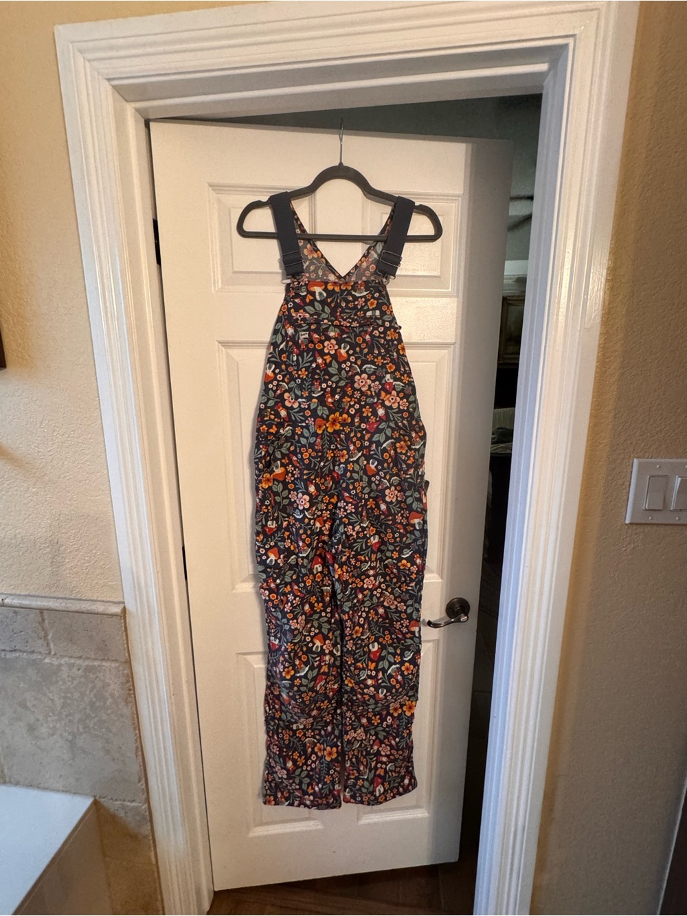 Duluth Trading Co Floral Navy and Orange Kids Overalls Dress - Picture 2 of 3